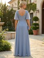 Elegant A-Line Chiffon Flutter Short Sleeves Pleated Mother of the Bride & Groom Dresses with Ruched Waist (SHI22500687)