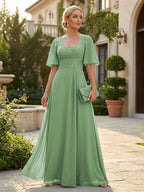 Elegant A-Line Chiffon Flutter Short Sleeves Pleated Mother of the Bride & Groom Dresses with Ruched Waist (SHI22500687)