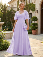 Elegant A-Line Chiffon Flutter Short Sleeves Pleated Mother of the Bride & Groom Dresses with Ruched Waist (SHI22500687)