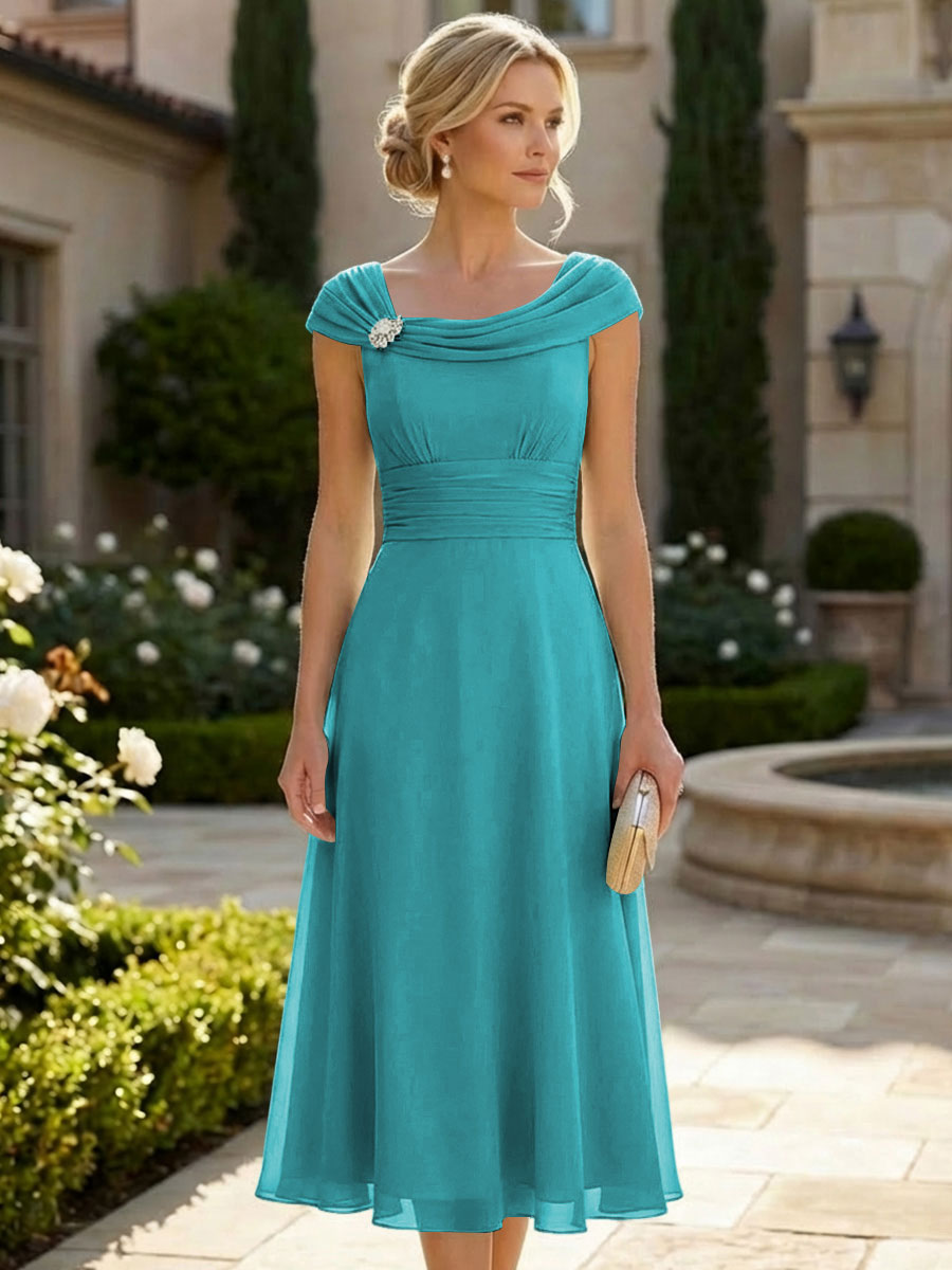 Lightweight Sheath Tea-Length Chiffon Mother of the Bride & Groom Dresses with Cowl Neck & Ruched Waist (SHI22500689)