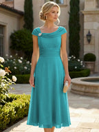 Lightweight Sheath Tea-Length Chiffon Mother of the Bride & Groom Dresses with Cowl Neck & Ruched Waist (SHI22500689)