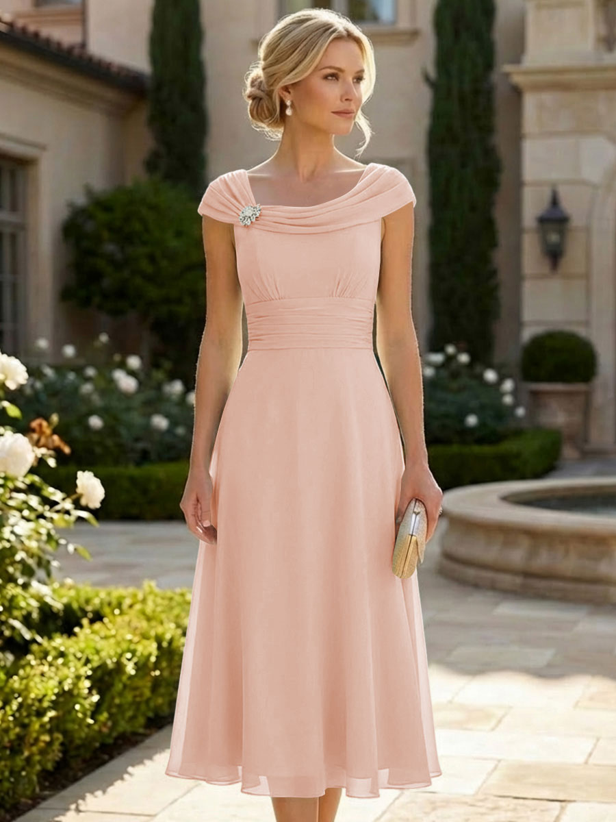 Lightweight Sheath Tea-Length Chiffon Mother of the Bride & Groom Dresses with Cowl Neck & Ruched Waist (SHI22500689)