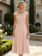 Lightweight Sheath Tea-Length Chiffon Mother of the Bride & Groom Dresses with Cowl Neck & Ruched Waist (SHI22500689)