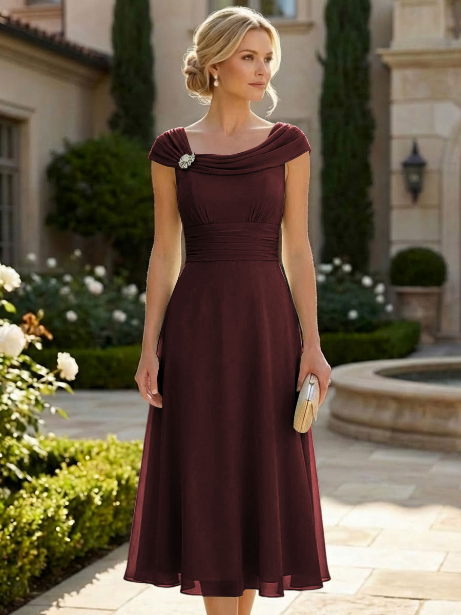 Lightweight Sheath Tea-Length Chiffon Mother of the Bride & Groom Dresses with Cowl Neck & Ruched Waist (SHI22500689)
