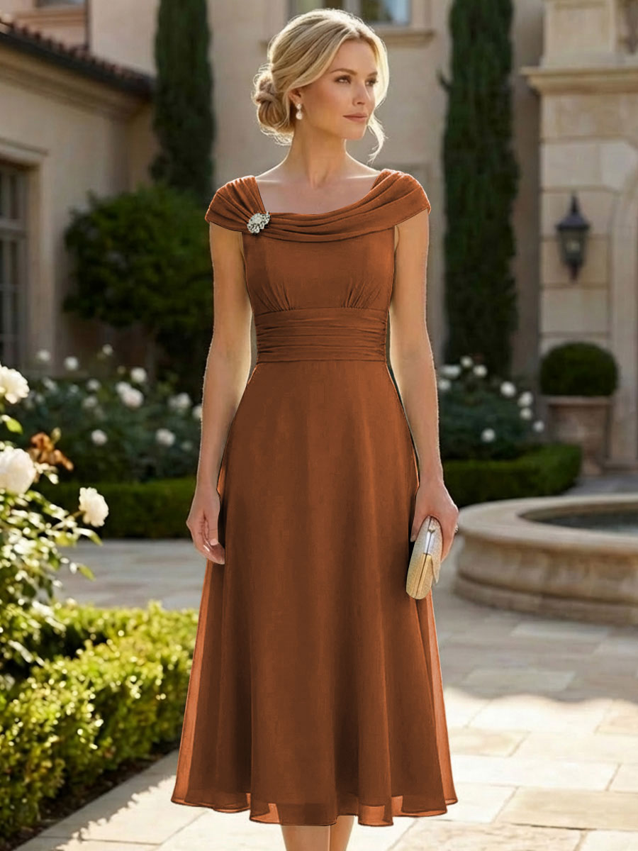 Lightweight Sheath Tea-Length Chiffon Mother of the Bride & Groom Dresses with Cowl Neck & Ruched Waist (SHI22500689)