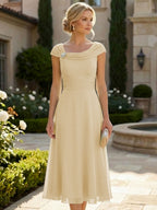 Lightweight Sheath Tea-Length Chiffon Mother of the Bride & Groom Dresses with Cowl Neck & Ruched Waist (SHI22500689)