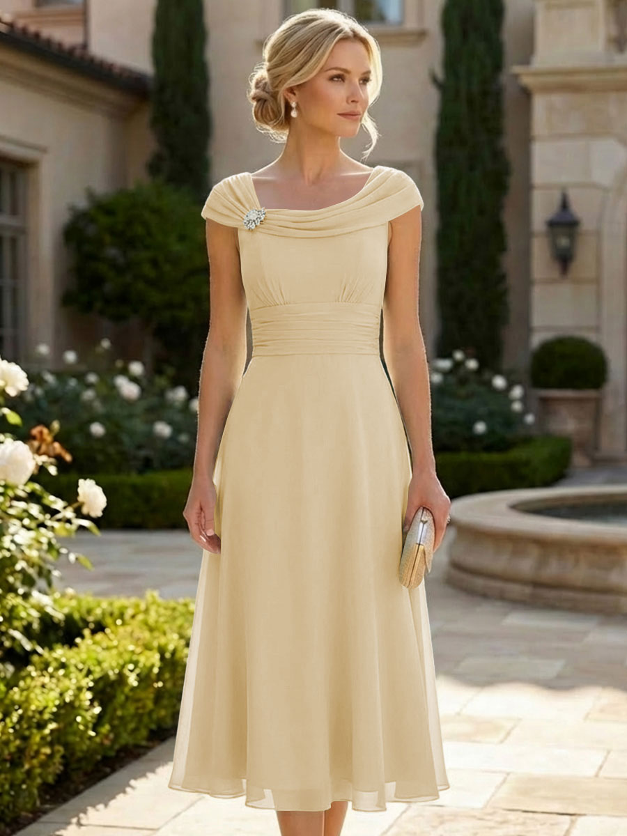Lightweight Sheath Tea-Length Chiffon Mother of the Bride & Groom Dresses with Cowl Neck & Ruched Waist (SHI22500689)