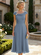 Lightweight Sheath Tea-Length Chiffon Mother of the Bride & Groom Dresses with Cowl Neck & Ruched Waist (SHI22500689)