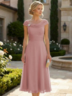 Lightweight Sheath Tea-Length Chiffon Mother of the Bride & Groom Dresses with Cowl Neck & Ruched Waist (SHI22500689)