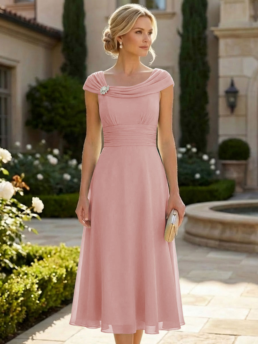Lightweight Sheath Tea-Length Chiffon Mother of the Bride & Groom Dresses with Cowl Neck & Ruched Waist (SHI22500689)