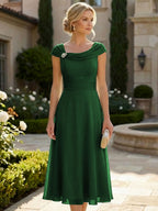 Lightweight Sheath Tea-Length Chiffon Mother of the Bride & Groom Dresses with Cowl Neck & Ruched Waist (SHI22500689)