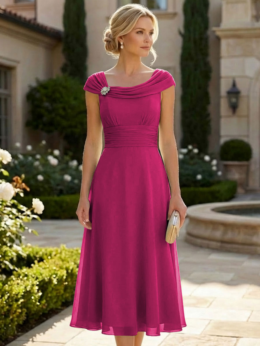 Lightweight Sheath Tea-Length Chiffon Mother of the Bride & Groom Dresses with Cowl Neck & Ruched Waist (SHI22500689)