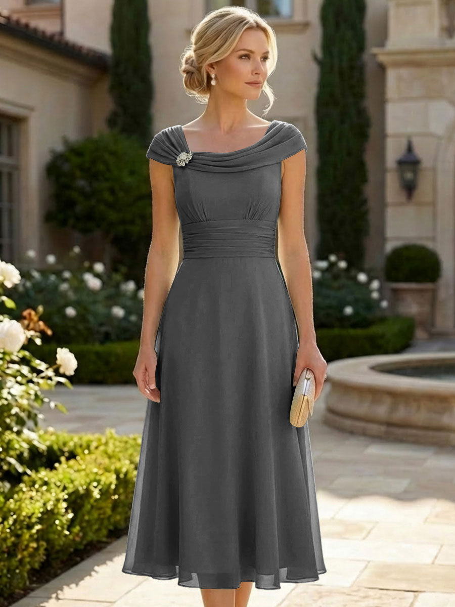 Lightweight Sheath Tea-Length Chiffon Mother of the Bride & Groom Dresses with Cowl Neck & Ruched Waist (SHI22500689)