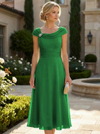 Lightweight Sheath Tea-Length Chiffon Mother of the Bride & Groom Dresses with Cowl Neck & Ruched Waist (SHI22500689)