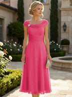 Lightweight Sheath Tea-Length Chiffon Mother of the Bride & Groom Dresses with Cowl Neck & Ruched Waist (SHI22500689)