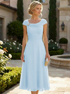 Lightweight Sheath Tea-Length Chiffon Mother of the Bride & Groom Dresses with Cowl Neck & Ruched Waist (SHI22500689)
