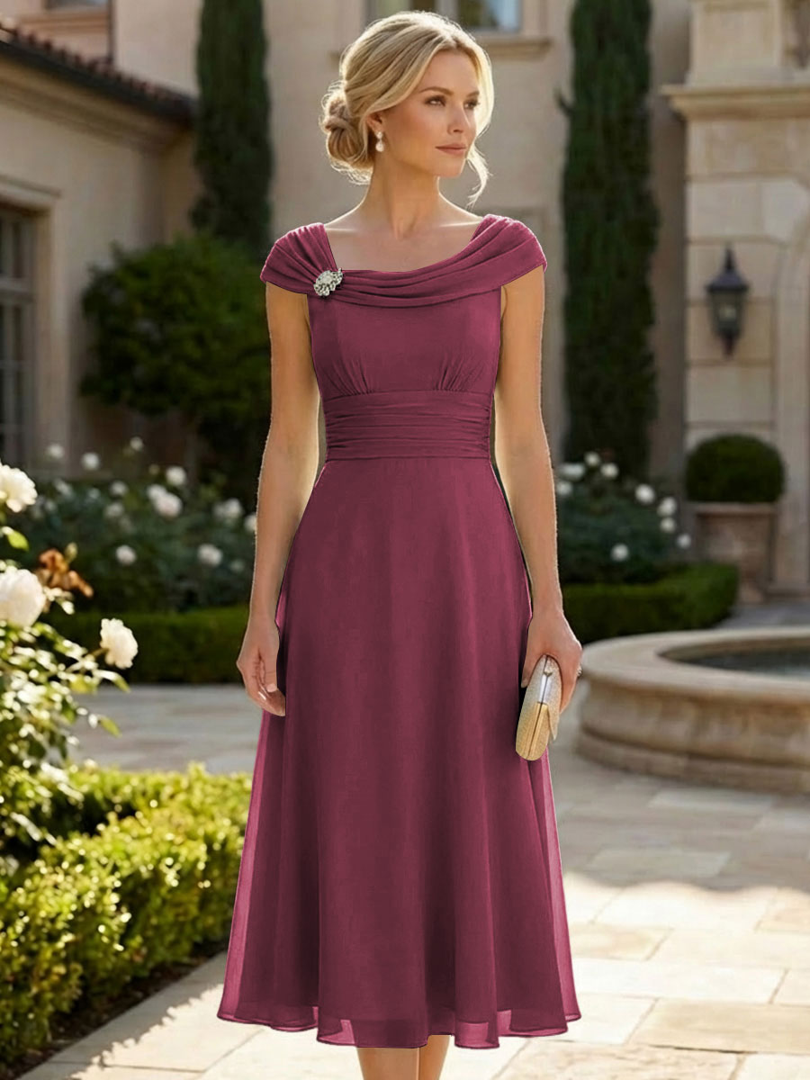 Lightweight Sheath Tea-Length Chiffon Mother of the Bride & Groom Dresses with Cowl Neck & Ruched Waist (SHI22500689)