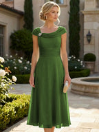 Lightweight Sheath Tea-Length Chiffon Mother of the Bride & Groom Dresses with Cowl Neck & Ruched Waist (SHI22500689)