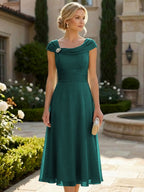 Lightweight Sheath Tea-Length Chiffon Mother of the Bride & Groom Dresses with Cowl Neck & Ruched Waist (SHI22500689)