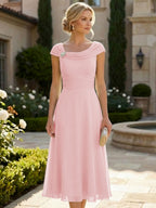 Lightweight Sheath Tea-Length Chiffon Mother of the Bride & Groom Dresses with Cowl Neck & Ruched Waist (SHI22500689)