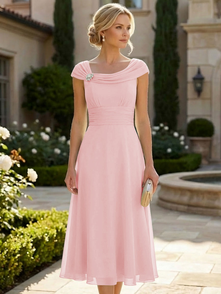 Lightweight Sheath Tea-Length Chiffon Mother of the Bride & Groom Dresses with Cowl Neck & Ruched Waist (SHI22500689)