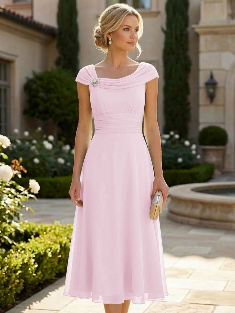 Lightweight Sheath Tea-Length Chiffon Mother of the Bride & Groom Dresses with Cowl Neck & Ruched Waist (SHI22500689)
