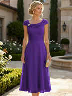 Lightweight Sheath Tea-Length Chiffon Mother of the Bride & Groom Dresses with Cowl Neck & Ruched Waist (SHI22500689)