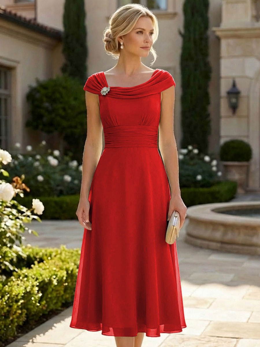 Lightweight Sheath Tea-Length Chiffon Mother of the Bride & Groom Dresses with Cowl Neck & Ruched Waist (SHI22500689)