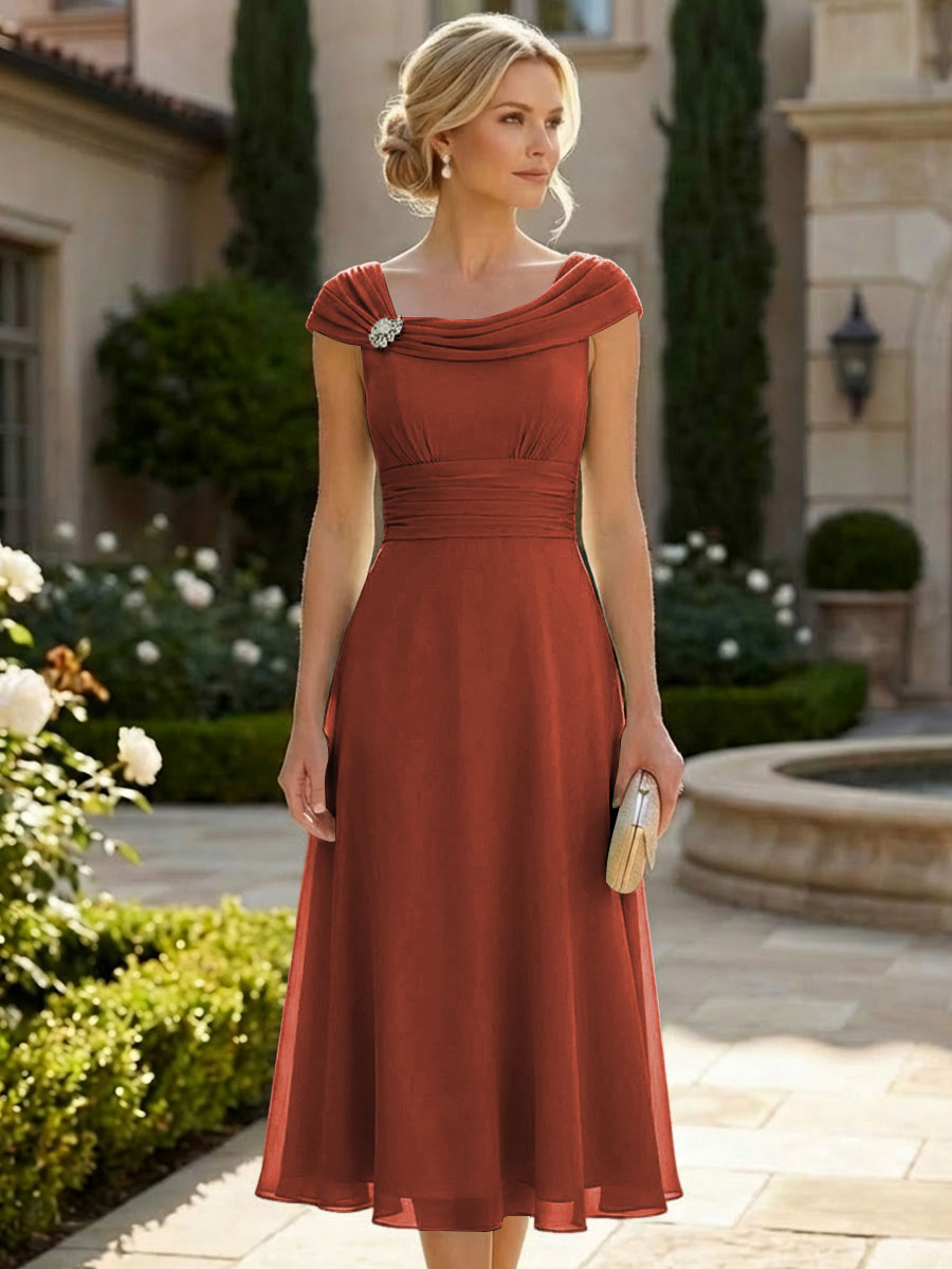 Lightweight Sheath Tea-Length Chiffon Mother of the Bride & Groom Dresses with Cowl Neck & Ruched Waist (SHI22500689)