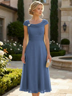Lightweight Sheath Tea-Length Chiffon Mother of the Bride & Groom Dresses with Cowl Neck & Ruched Waist (SHI22500689)