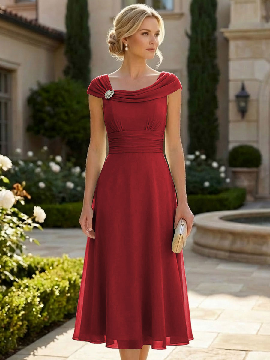 Lightweight Sheath Tea-Length Chiffon Mother of the Bride & Groom Dresses with Cowl Neck & Ruched Waist (SHI22500689)