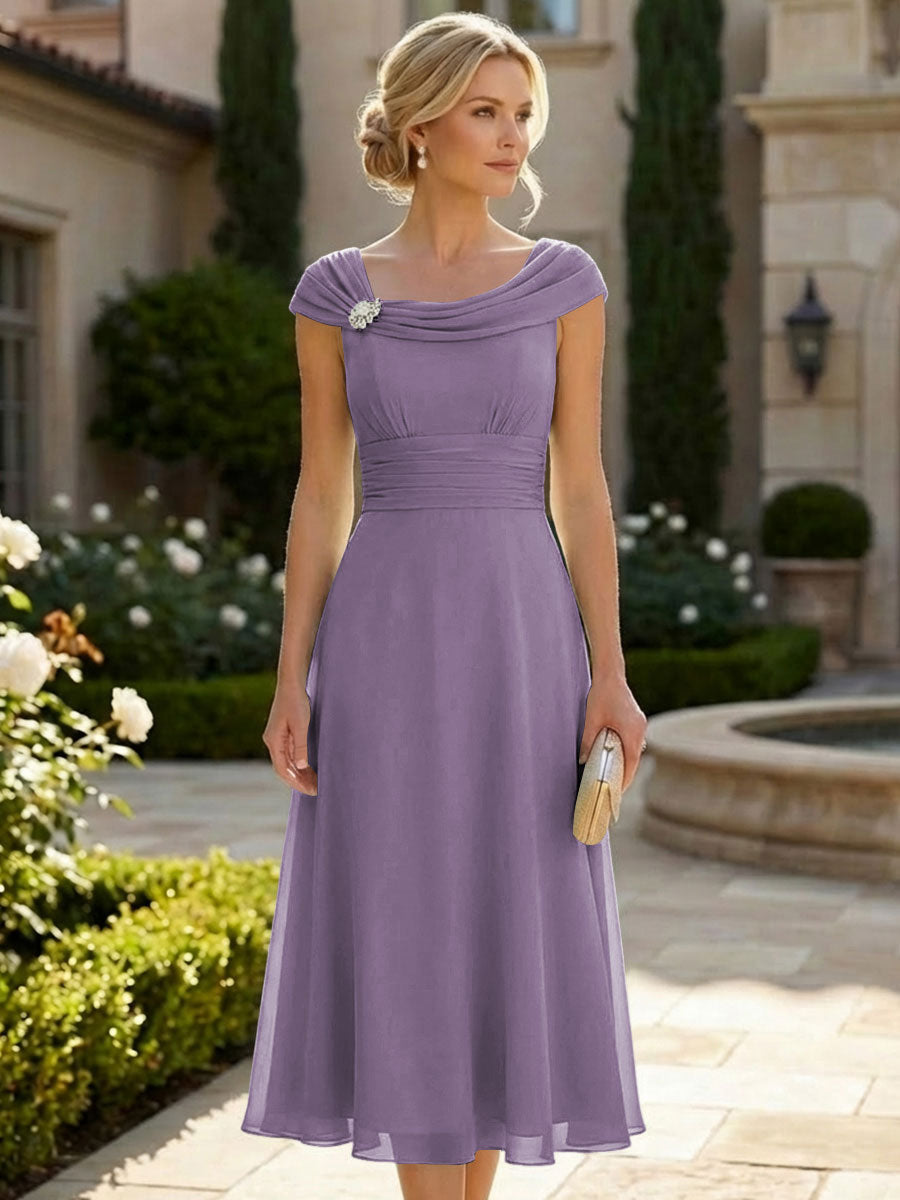 Lightweight Sheath Tea-Length Chiffon Mother of the Bride & Groom Dresses with Cowl Neck & Ruched Waist (SHI22500689)