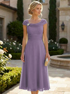 Lightweight Sheath Tea-Length Chiffon Mother of the Bride & Groom Dresses with Cowl Neck & Ruched Waist (SHI22500689)