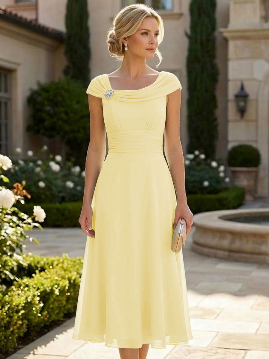 Lightweight Sheath Tea-Length Chiffon Mother of the Bride & Groom Dresses with Cowl Neck & Ruched Waist (SHI22500689)