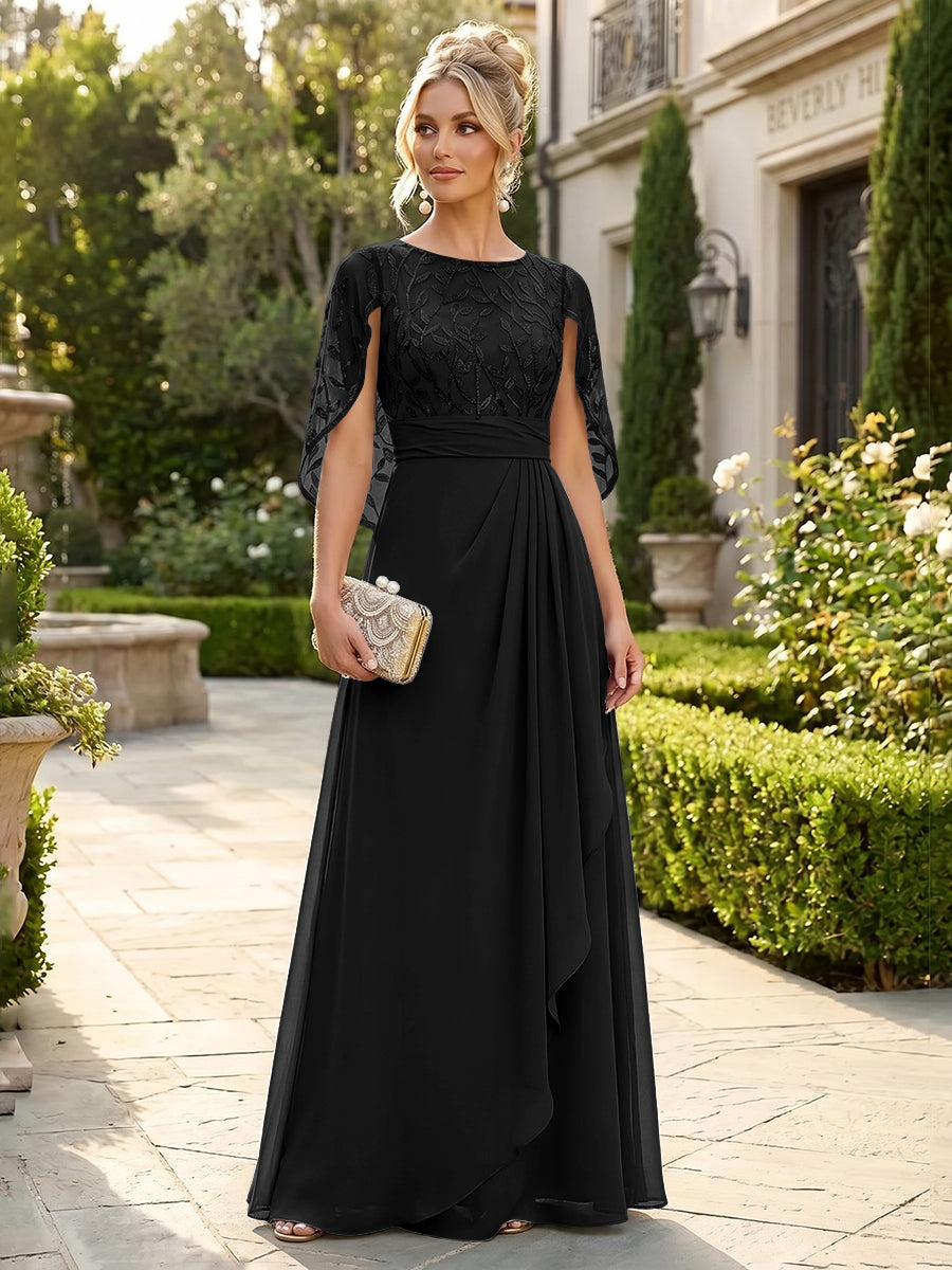 A-Line Chiffon Cape Sleeves Floor-Length Mother of the Bride & Groom Dresses with Floral Sequin Bodice (SHI22500691)