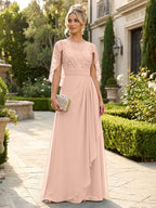 A-Line Chiffon Cape Sleeves Floor-Length Mother of the Bride & Groom Dresses with Floral Sequin Bodice (SHI22500691)