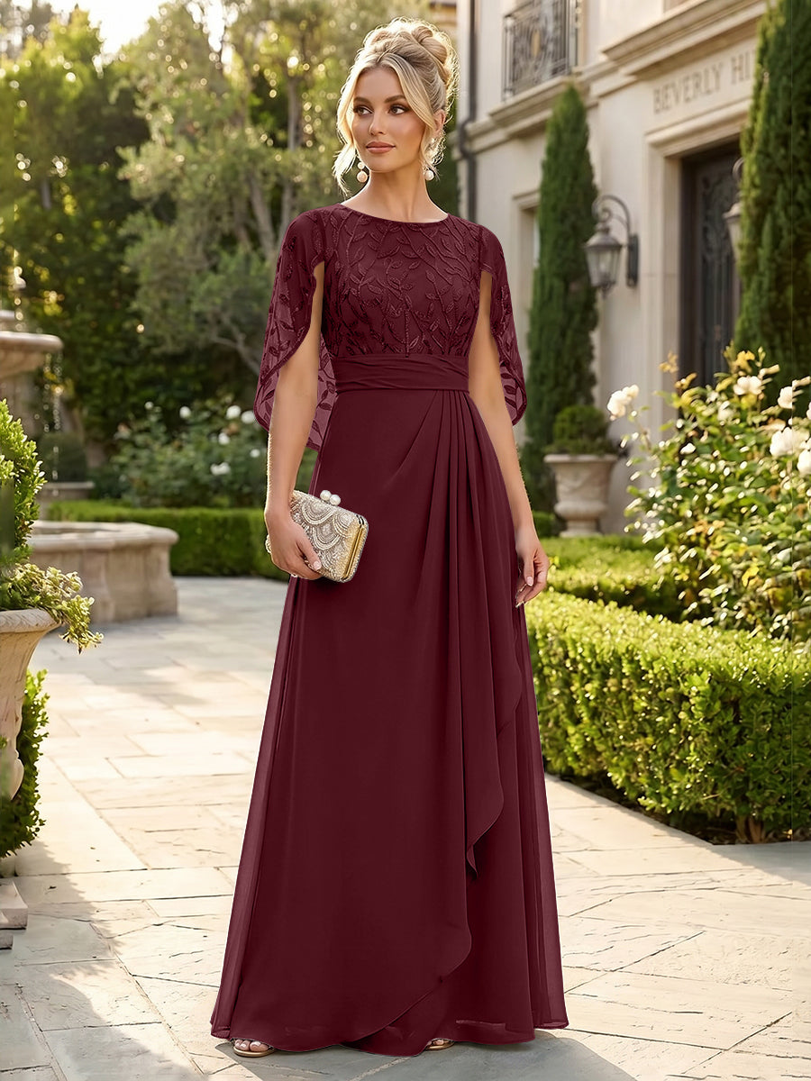 A-Line Chiffon Cape Sleeves Floor-Length Mother of the Bride & Groom Dresses with Floral Sequin Bodice (SHI22500691)