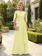 A-Line Chiffon Cape Sleeves Floor-Length Mother of the Bride & Groom Dresses with Floral Sequin Bodice (SHI22500691)