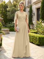 A-Line Chiffon Cape Sleeves Floor-Length Mother of the Bride & Groom Dresses with Floral Sequin Bodice (SHI22500691)