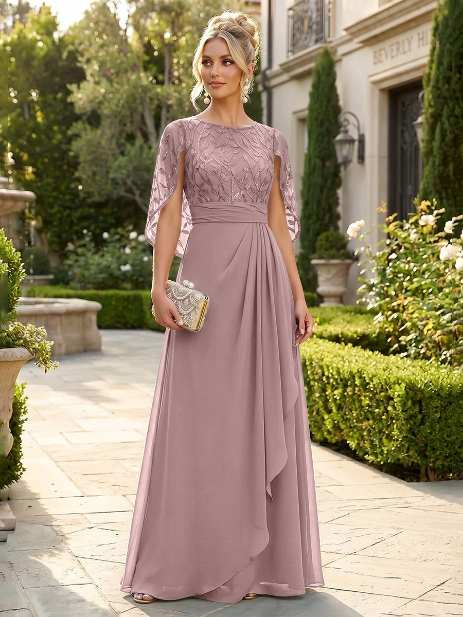 A-Line Chiffon Cape Sleeves Floor-Length Mother of the Bride & Groom Dresses with Floral Sequin Bodice (SHI22500691)