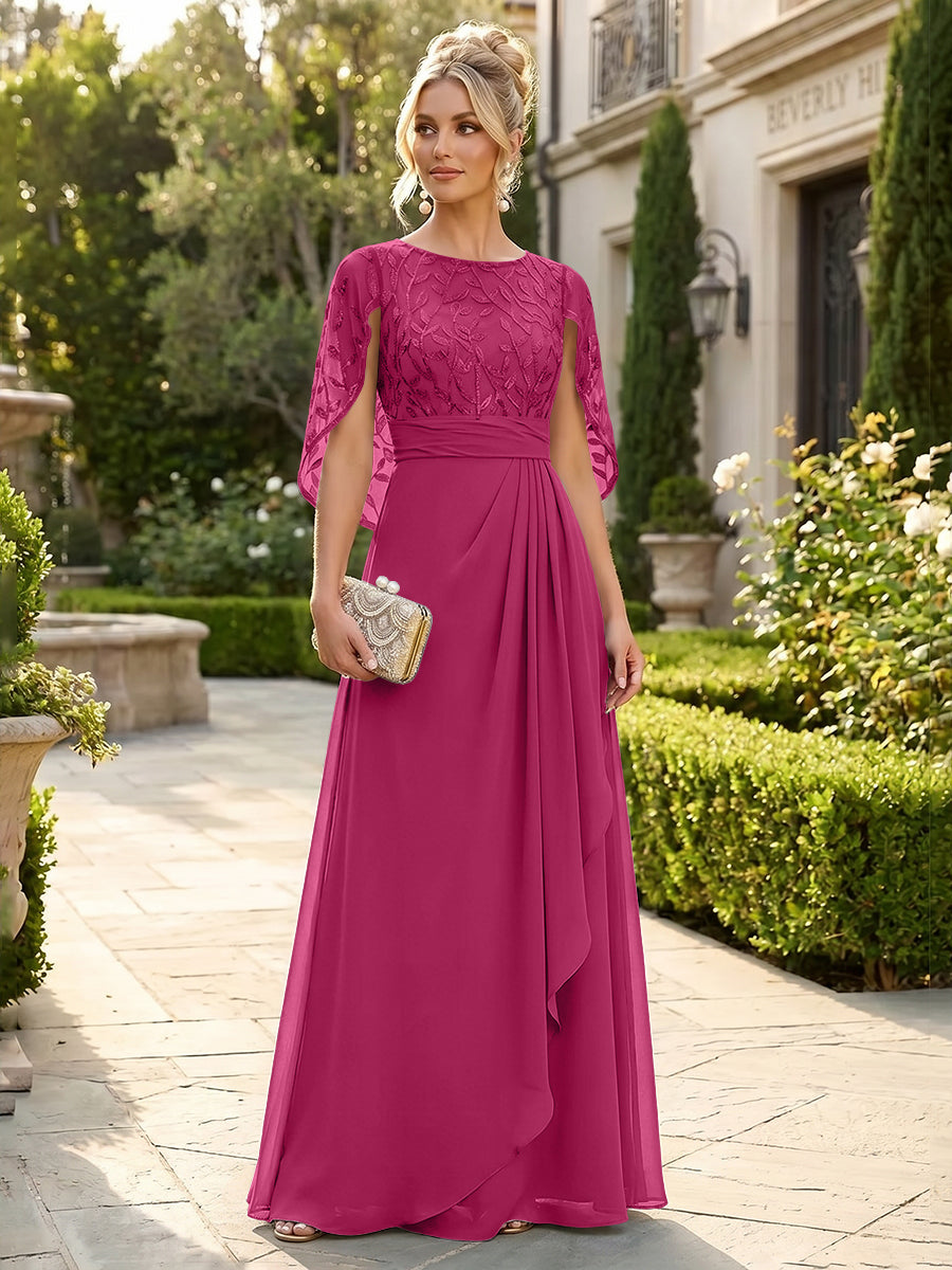 A-Line Chiffon Cape Sleeves Floor-Length Mother of the Bride & Groom Dresses with Floral Sequin Bodice (SHI22500691)