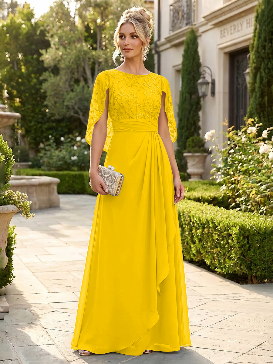 A-Line Chiffon Cape Sleeves Floor-Length Mother of the Bride & Groom Dresses with Floral Sequin Bodice (SHI22500691)