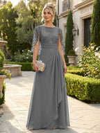 A-Line Chiffon Cape Sleeves Floor-Length Mother of the Bride & Groom Dresses with Floral Sequin Bodice (SHI22500691)