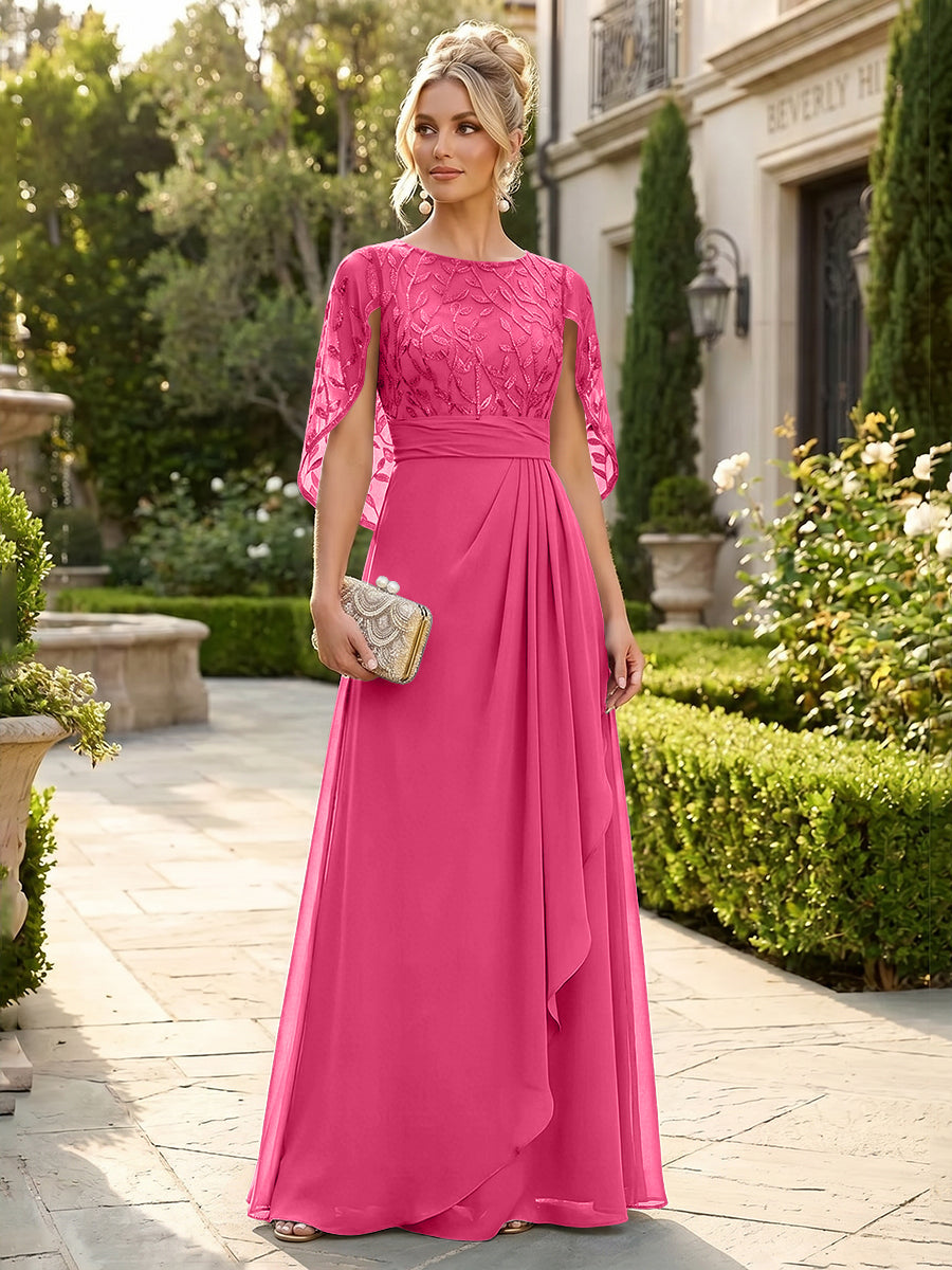 A-Line Chiffon Cape Sleeves Floor-Length Mother of the Bride & Groom Dresses with Floral Sequin Bodice (SHI22500691)