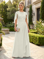 A-Line Chiffon Cape Sleeves Floor-Length Mother of the Bride & Groom Dresses with Floral Sequin Bodice (SHI22500691)
