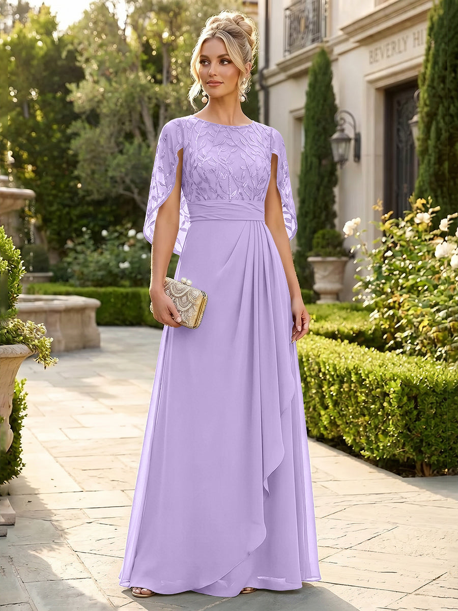 A-Line Chiffon Cape Sleeves Floor-Length Mother of the Bride & Groom Dresses with Floral Sequin Bodice (SHI22500691)