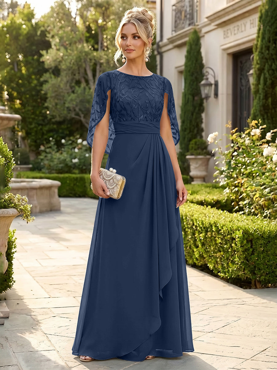 A-Line Chiffon Cape Sleeves Floor-Length Mother of the Bride & Groom Dresses with Floral Sequin Bodice (SHI22500691)
