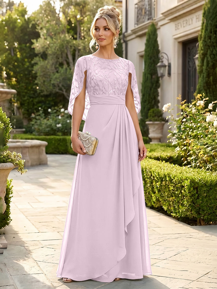A-Line Chiffon Cape Sleeves Floor-Length Mother of the Bride & Groom Dresses with Floral Sequin Bodice (SHI22500691)