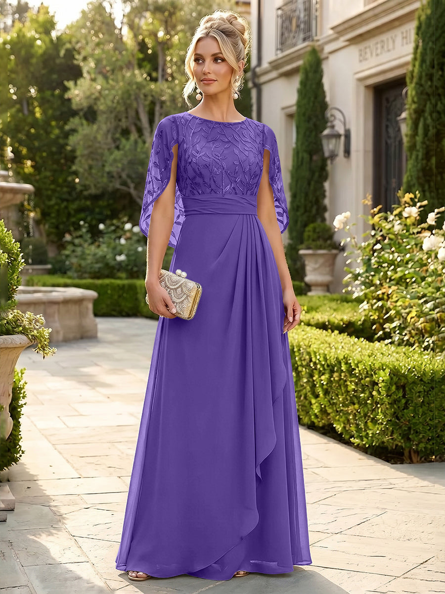 A-Line Chiffon Cape Sleeves Floor-Length Mother of the Bride & Groom Dresses with Floral Sequin Bodice (SHI22500691)
