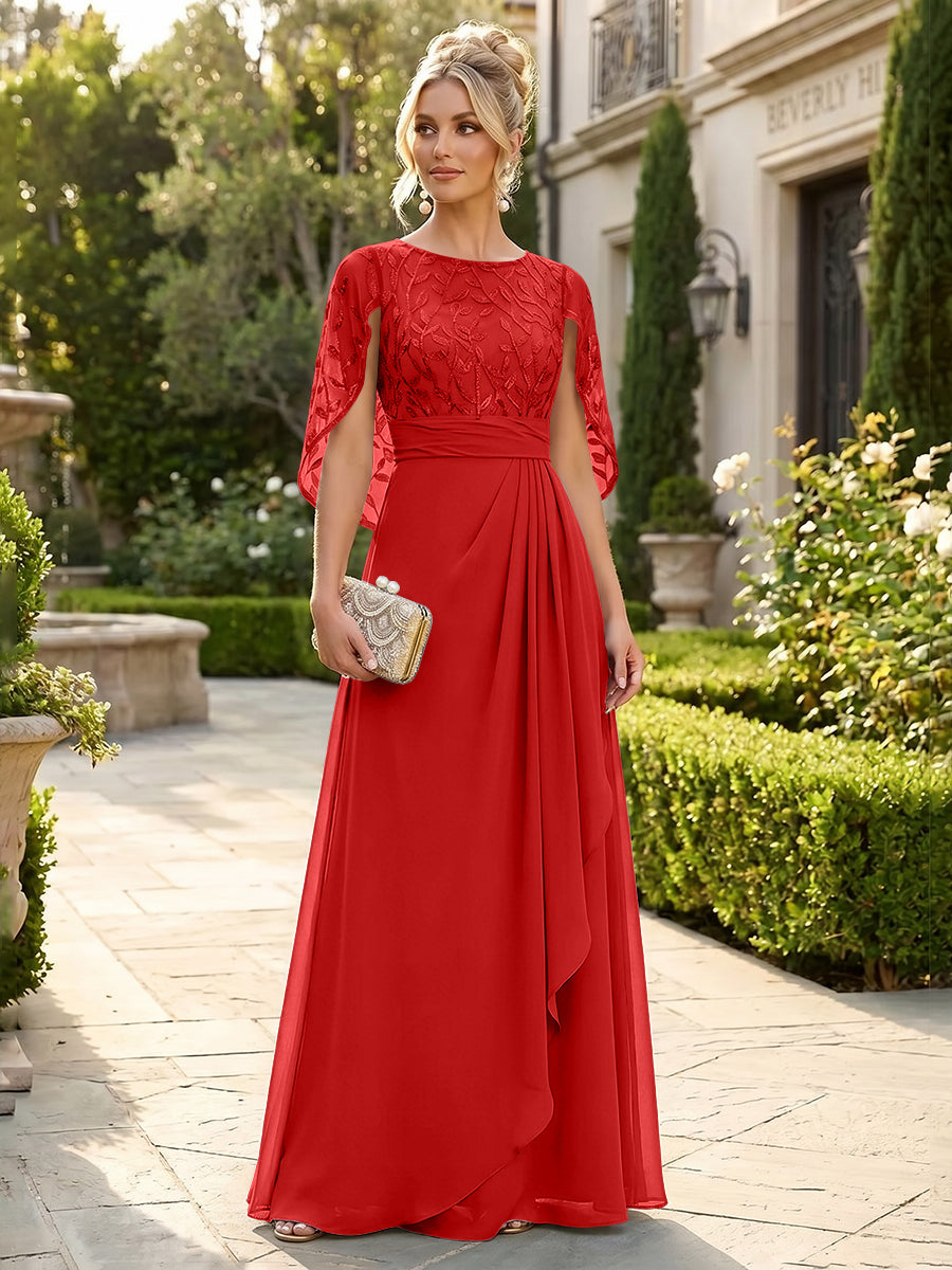A-Line Chiffon Cape Sleeves Floor-Length Mother of the Bride & Groom Dresses with Floral Sequin Bodice (SHI22500691)